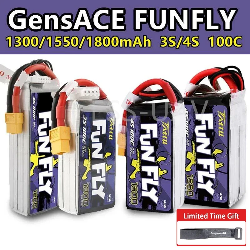 TATTU FUNFLY 1300mAh 1550mAh 1800mAh 3S 4S 11.1V 14.8V 100C Lipo batteria XT60 spina per FPV 250 230 210 180 dimensioni Drone