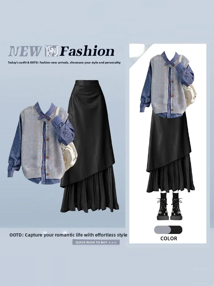 

Комплект из трех предметов: клетчатый жилет, асимметричная юбка и футболка для женщин. Весенний, высококачественный, элегантный комплект.