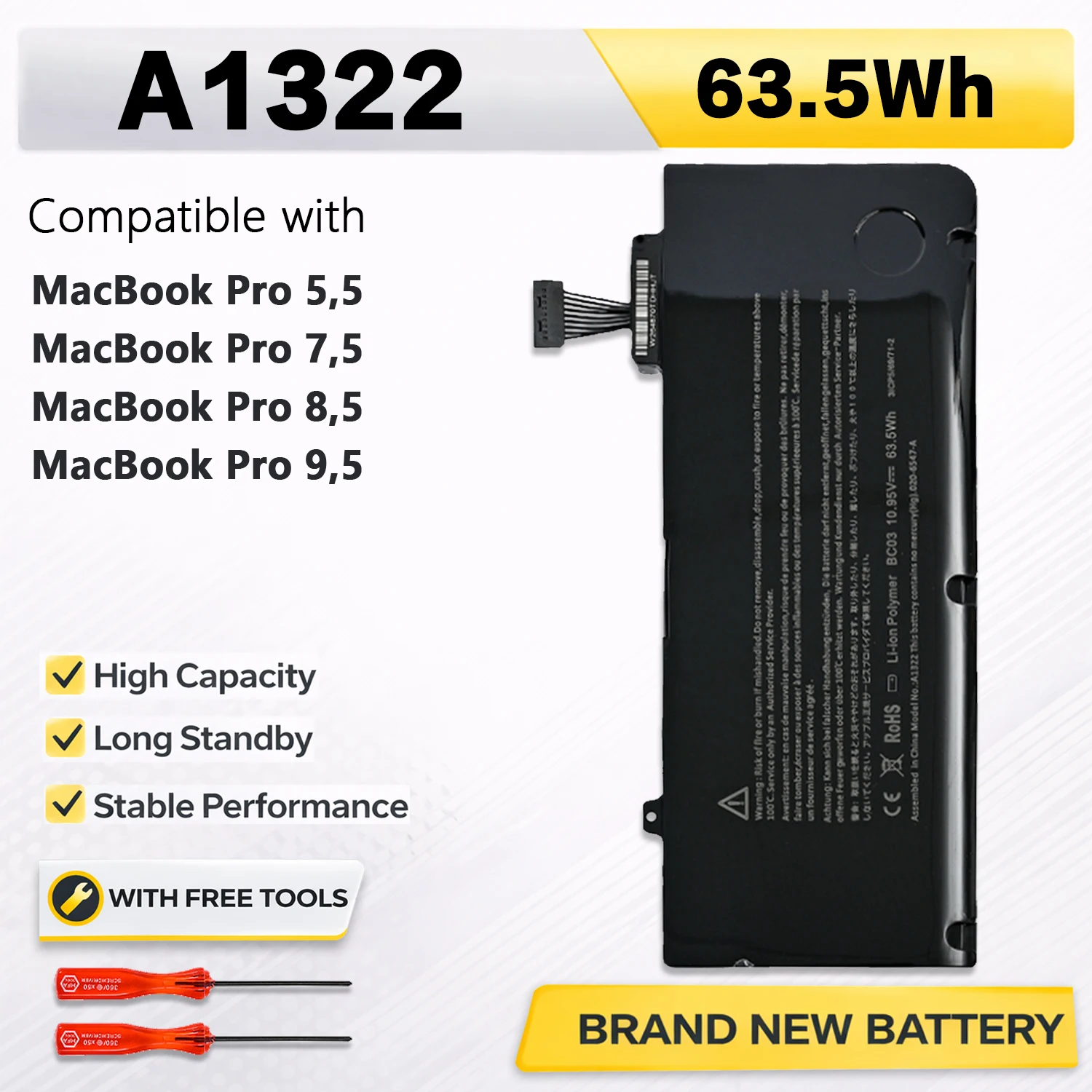 

Аккумулятор PowerHub A1322 для APPLE Macbook Pro 13" A1278 2009/2010/2011/2012, 10,95 В, 63,5 Вт·ч, с инструментами, сменный литий-ионный аккумулятор
