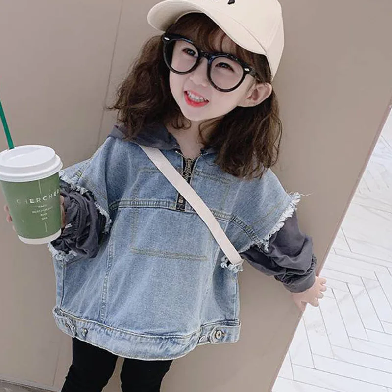 Giacca con cappuccio da ragazza per la primavera autunno inverno a maniche lunghe Patchwork Denim Top coreano elegante primavera per bambini Top da