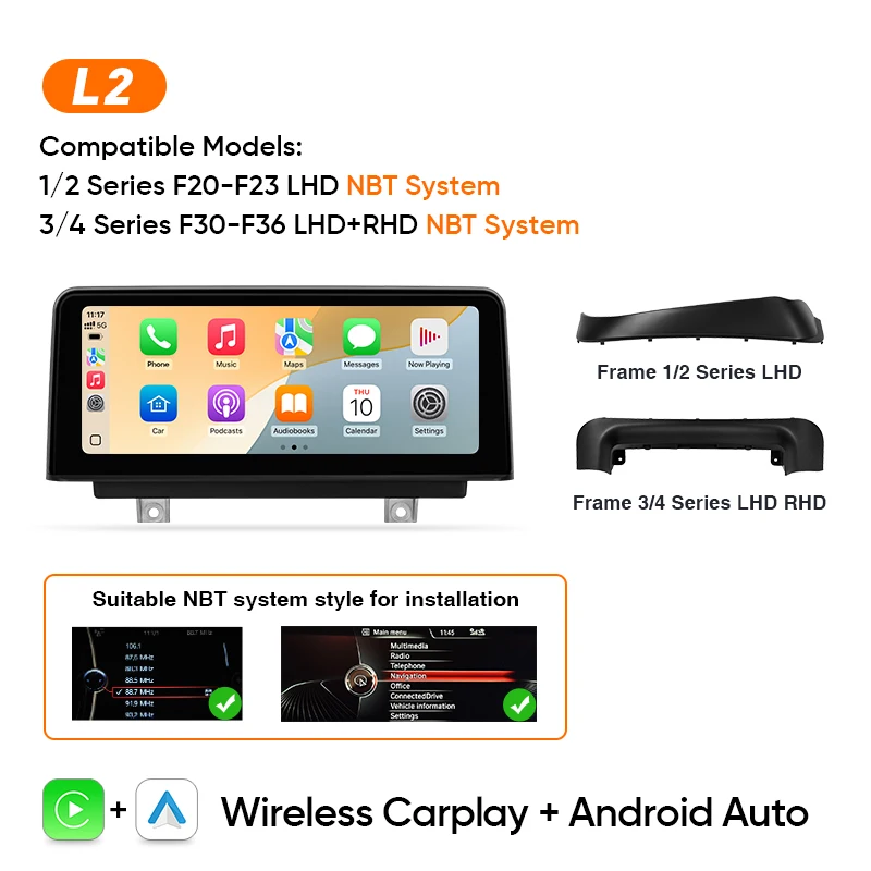 Ainavi Full-In-Cell Wireless CarPlay Android Auto Multimedia-Displaybildschirm für BMW 1 2 3 4 Serie F20 F21 F22 F30 F31 F32 F33