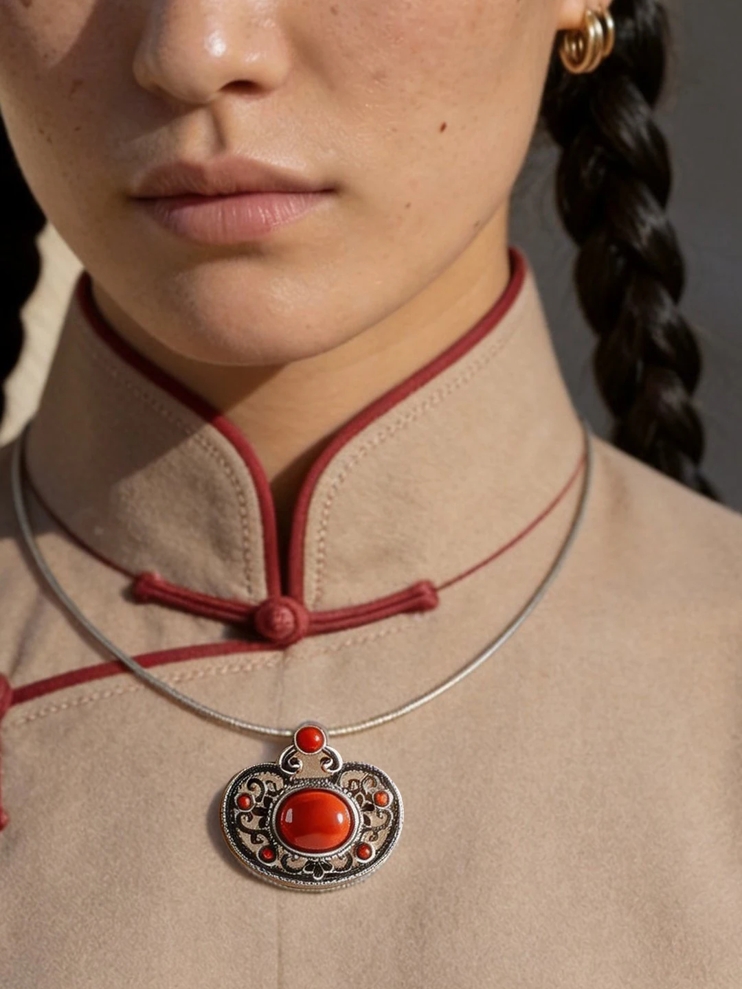 Mongke S925 Silver Embedded Natural South Red Agate Pendant Necklace Ethnic Style Mongolian Wheat Pattern Jewelry Accessory