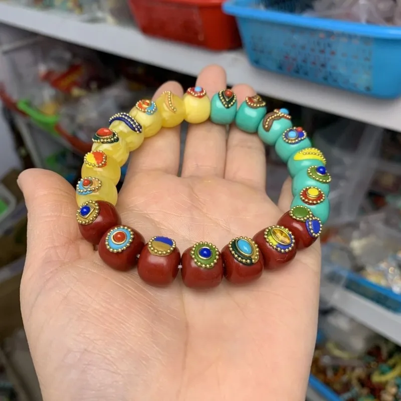 Handmade Inlaid Traffic Red Green Yellow Bracelet 12mm, Amber Turquoise Red Stone Tibetan Nepal Mala DIY Accessories