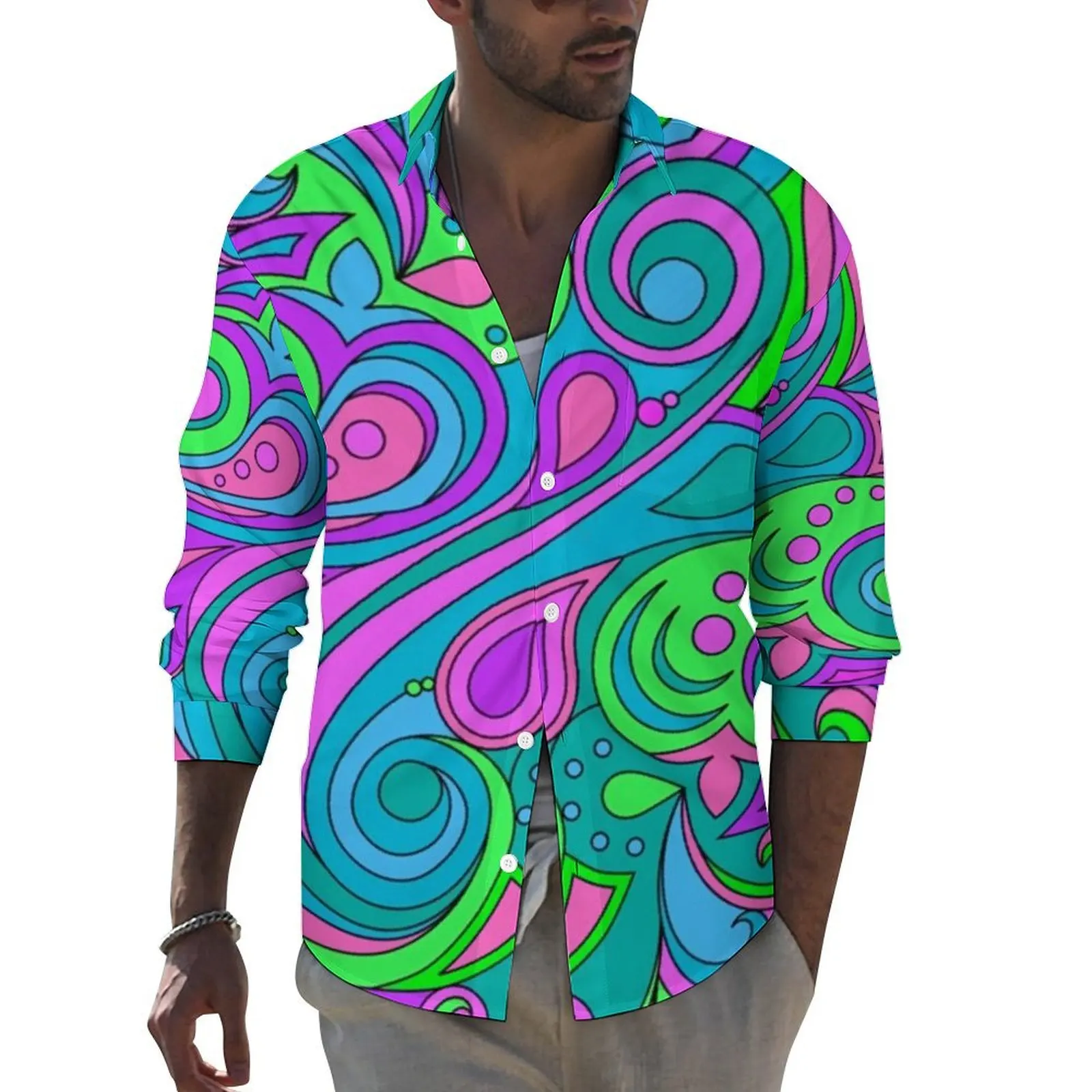 

Psychedelic Art Casual Shirts Men Hippy Purple Paisley Shirt Long Sleeve Novelty Y2K Blouses Autumn Graphic Clothing 3XL 4XL