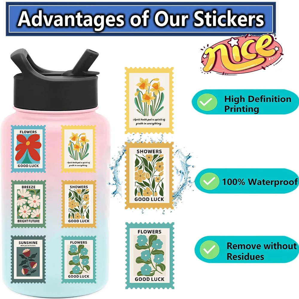 50PCS 빈티지 꽃 우표 스티커 PVC 미적 장식 Scrapbooking 편지지 손 회계 학교 용품 아이를위한