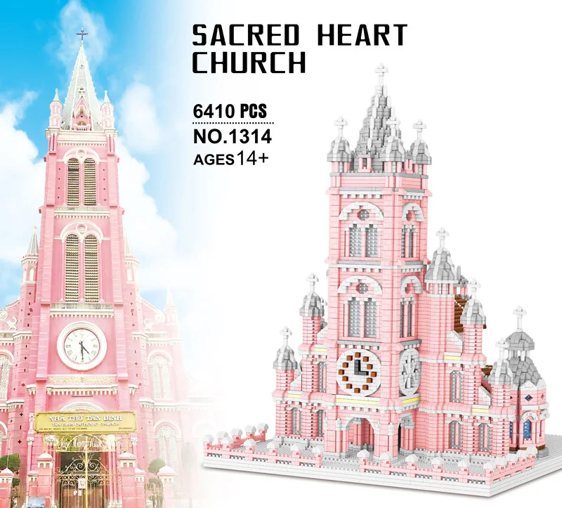 Creative Vietnam Pink Sacred Heart Church of Jesus Building Brick Micro Diamond Block World Famous Architecture Nanobricks Toys