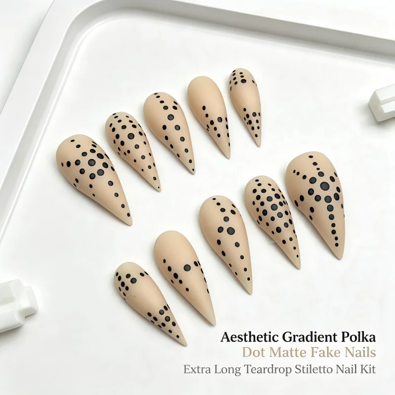 2026New 10PCS of cream-colored and nude-colored dagger-shaped fake nails, black round and pointed long nails