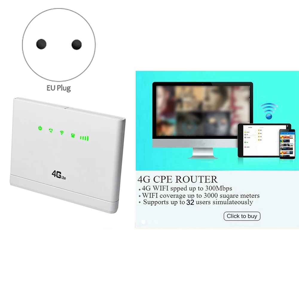 4G LTE Router 150Mbps CPE Wifi Repeater Wifi Modem Broadband with SIM Slot LAN Port Support Up to 32 Wifi Users EU Plug