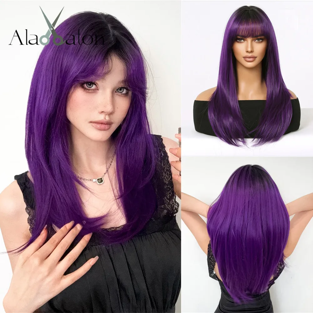 

ALAN EATON Ombre Purple Layered Synthetic Wig Long Straight Wigs with Bangs Purple Party Cosplay Fake Hair Heat Resistant Fiber