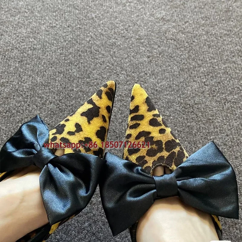 

Leopard Print Pointed Bow Decoration Back Strap High Heels Strange Heel Large Size Slingback Pumps