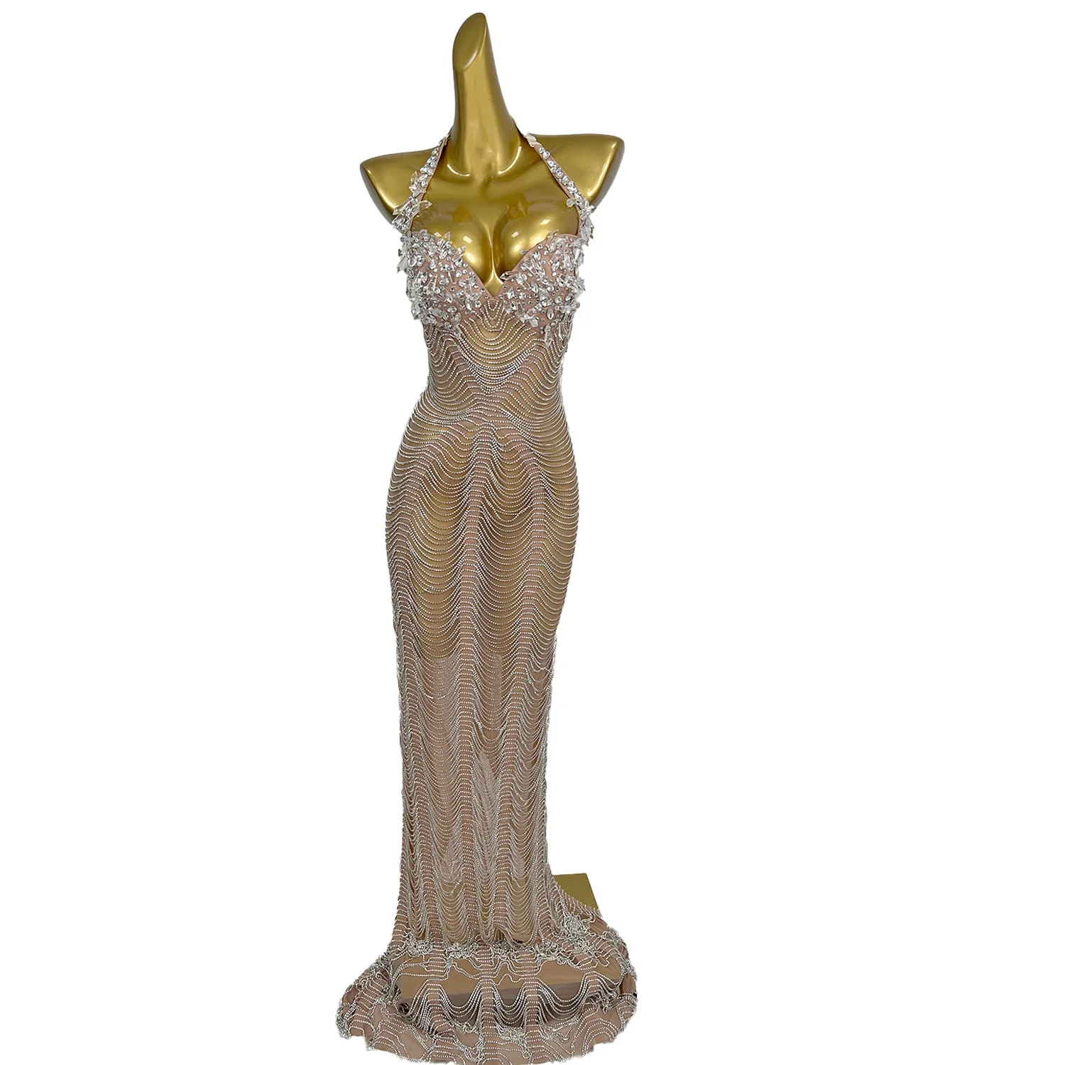 

Элегантное благородное длинное платье без рукавов, сексуальное сетчатое платье с открытой спиной и кристаллами на цепочке, сценический костюм ведущей певицы, праздничное платье xingzh