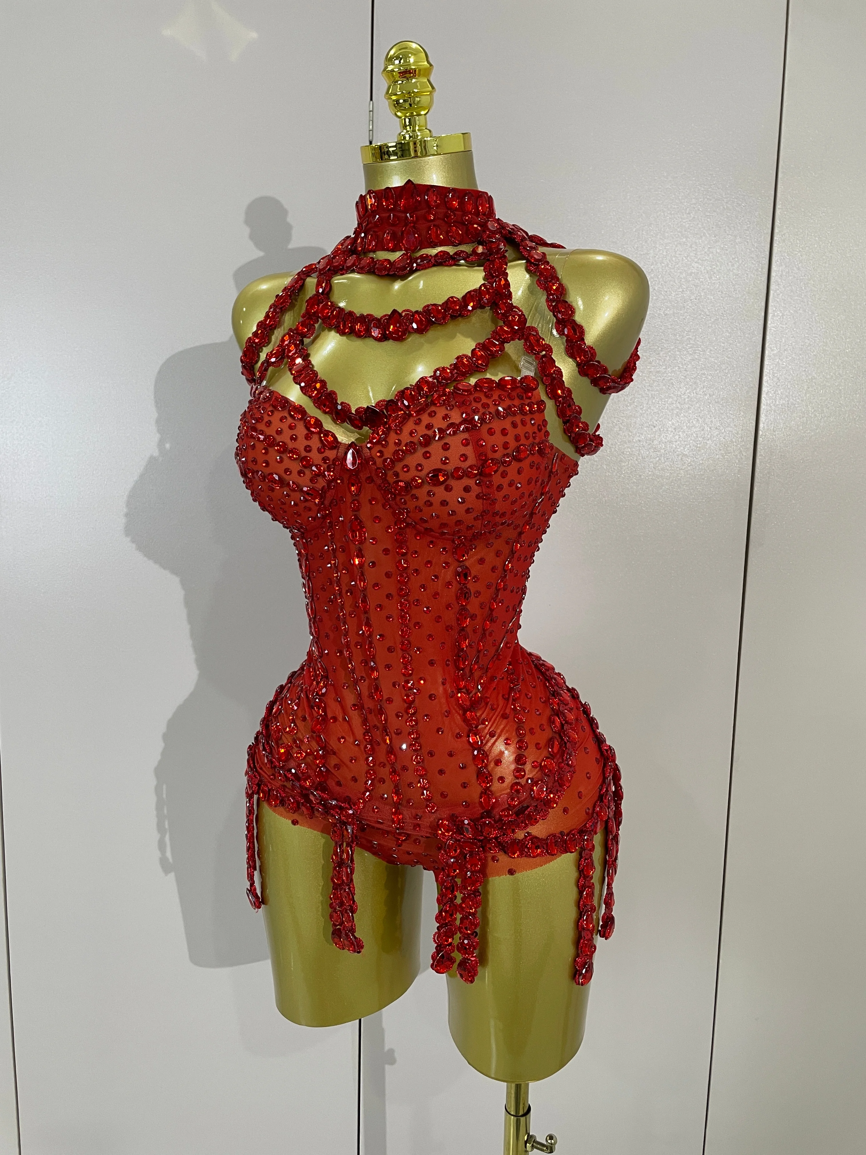 New Luxury Sparkly Red Rhinestones Stretch Bodysuit Women Birthday Party Nightclub Bar Singer Dancer Performance Stage Costume