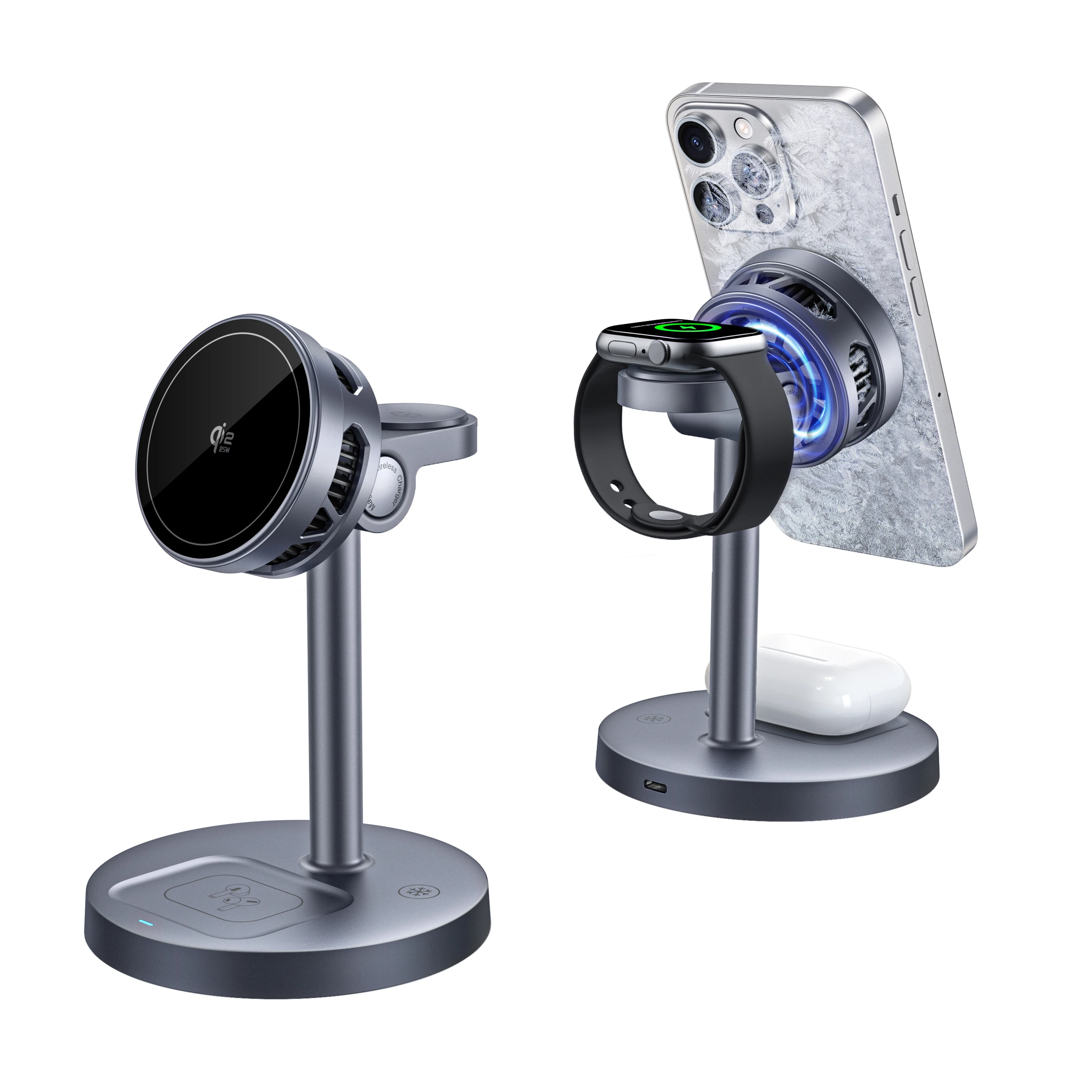 2025 3 في 1 حامل شاحن لاسلكي مغناطيسي TEC تبريد Qi2 شحن سريع لهاتف iPhone 17 16 15 Pro Max Apple Watch 2-8 SE Airpods