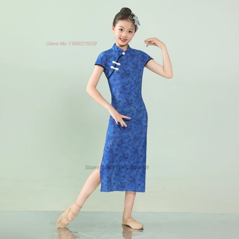 

2026 chinese vintage children dance costume national flower print qipao cheongsam dress stage performance folk dance qipao dress
