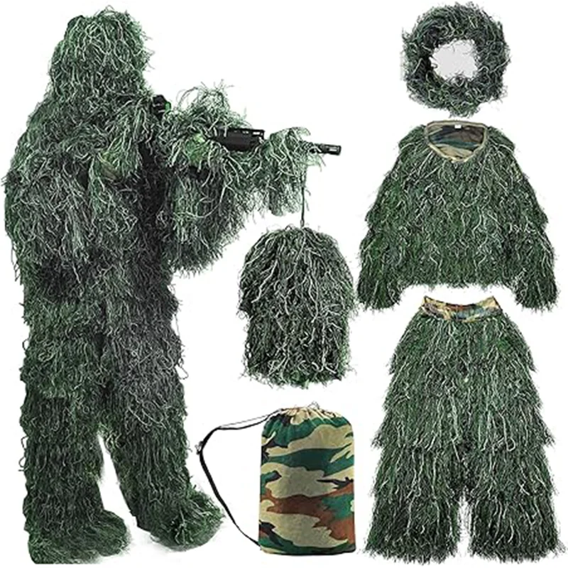 

5-In-1 Geely Suit 3D camouflage hunting apparel including jacket, pants, hood, tote bag for unisex children, adults
