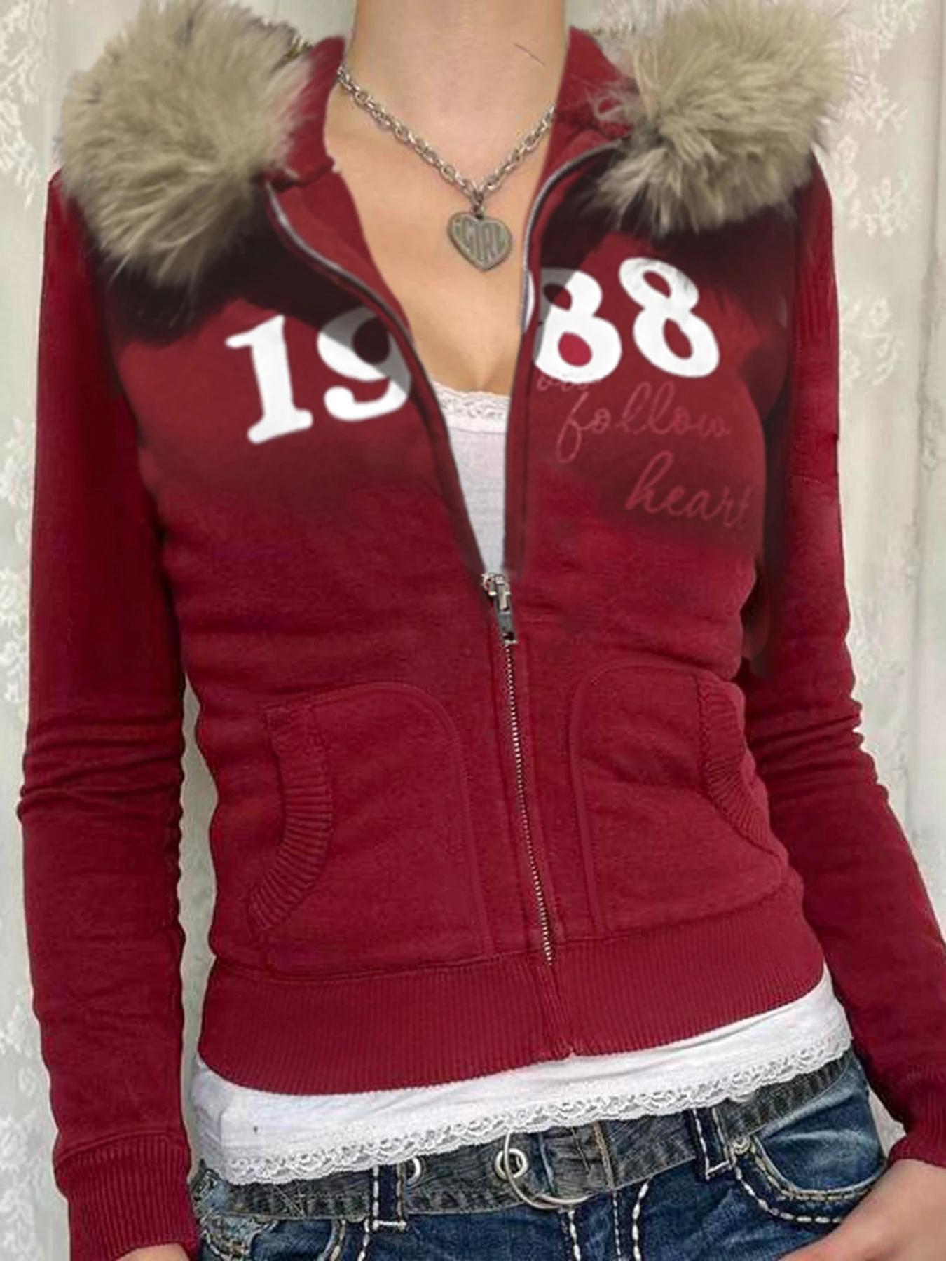 IAMSURE Casual Solid Fur Trim Hooded Sweatshirt Coats Basic Printed Zipper Long Sleeve Hoodies Women Winter Sporty Activewear