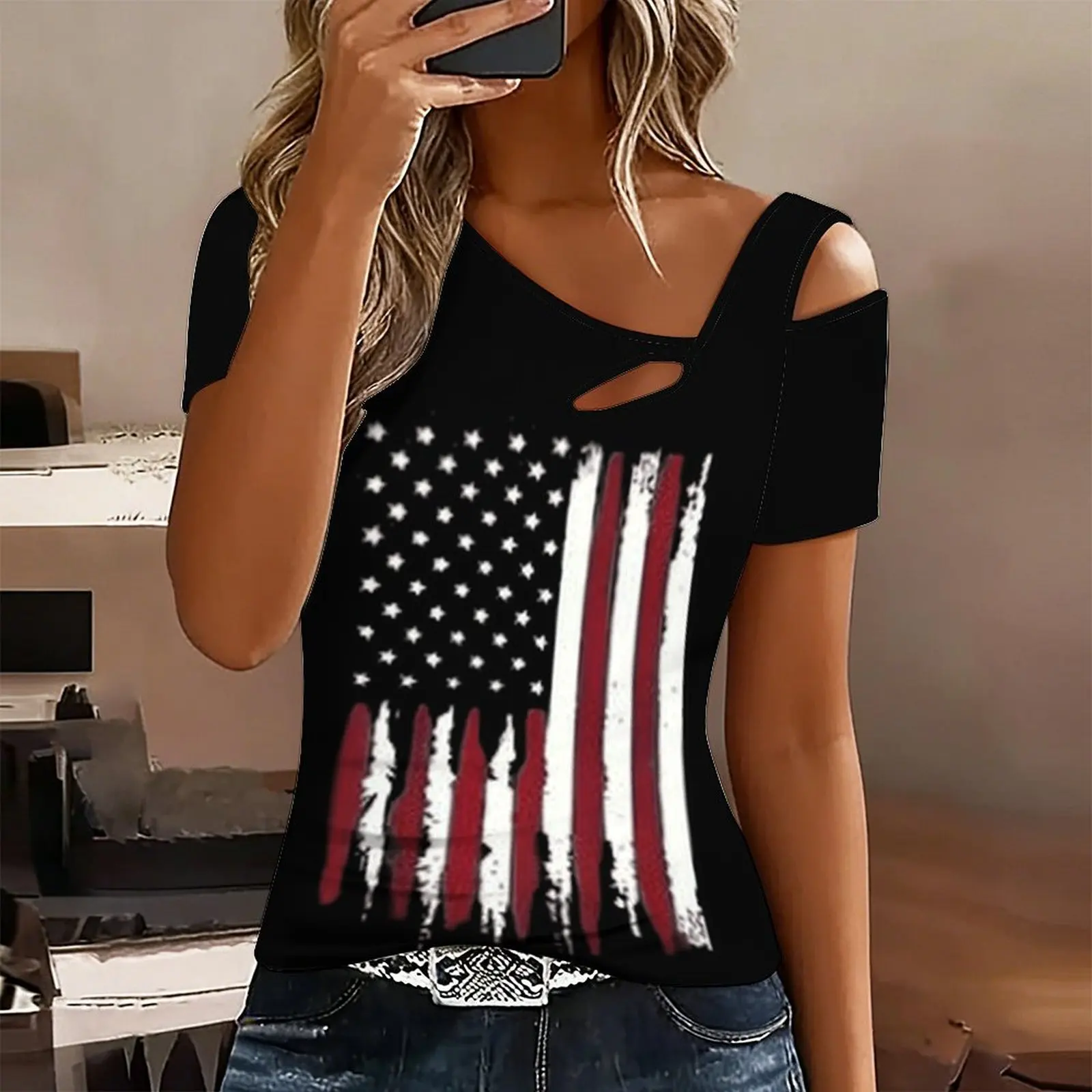 Elegant Women's Off-shoulder Printed T-shirt, Fashionable Striped Printed Top