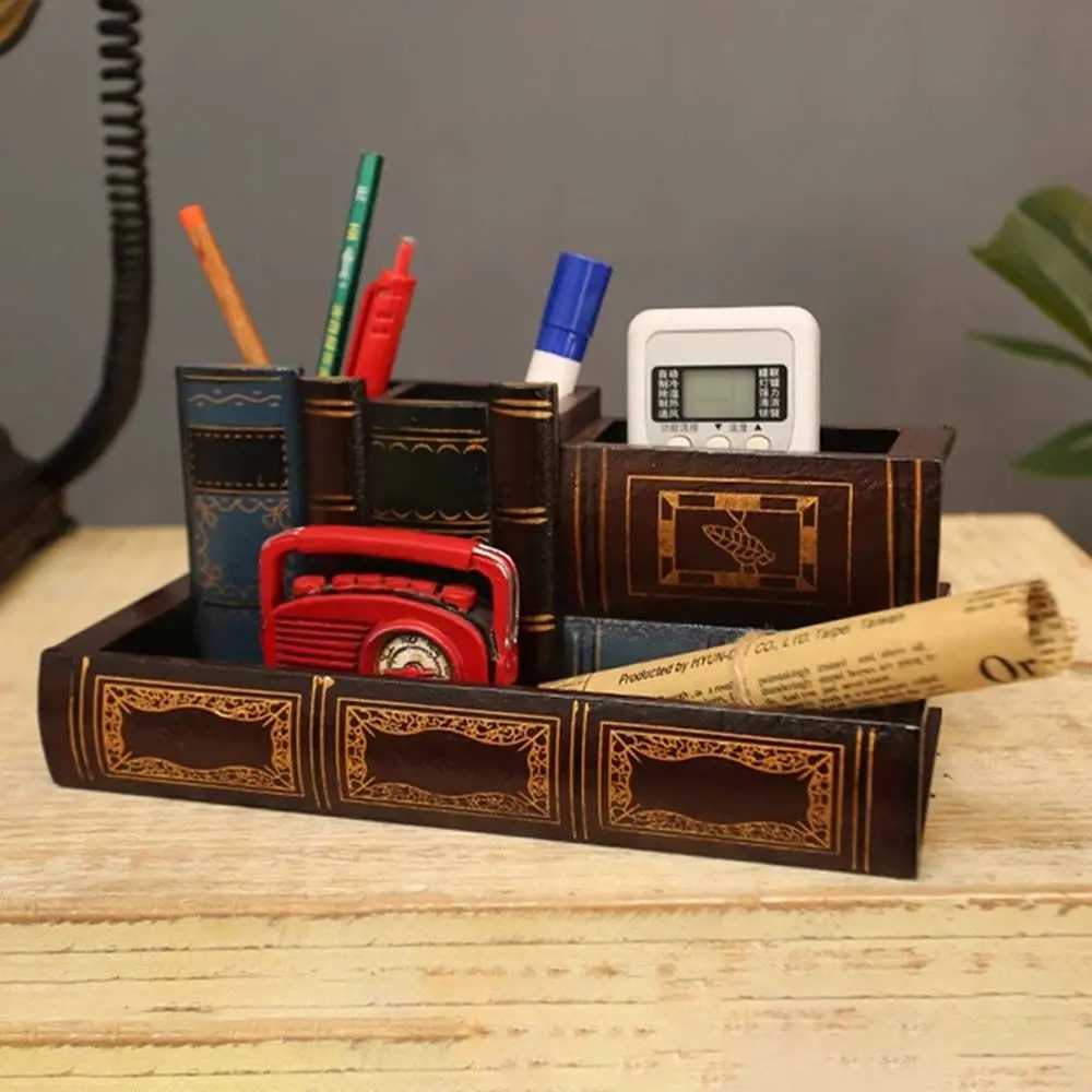 Accessories Desktop Decoration Book Model Desk Organizer Wood Pen Holder Vintage Pen Holder Pen Case Book Shape Retro Wood