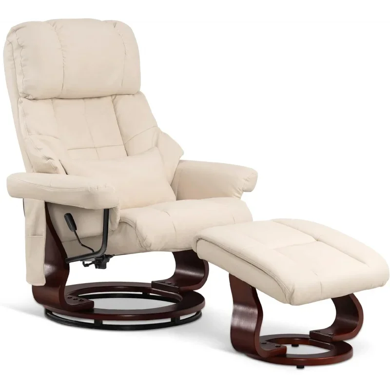 Recliner with Ottoman Reclining Chair with Vibration Massage and Removable Lumbar Pillow, 360 Degree Swivel Wood Base, Faux Leat