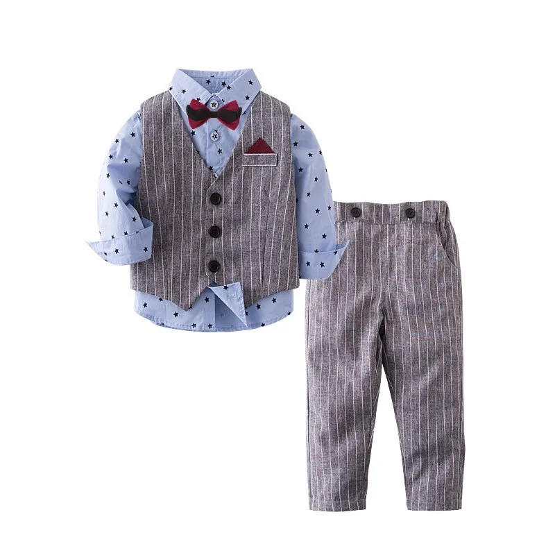 Spring Autumn Boys 3pcs Formal Outfit Blue Print Shirt Grey Striped Vest Pants Gentle Suit Toddler Birthday Wedding Party Wear