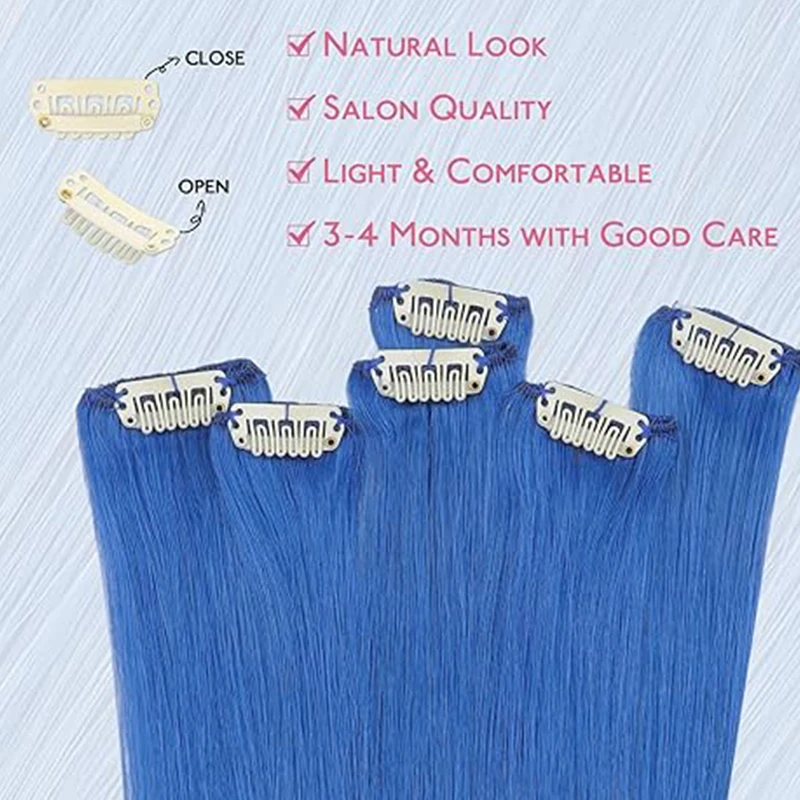 カラフルなヘアエクステンション人毛16インチブルークリップインヘアエクステンション女性子供用レインボーハイライトヘアピース1/6/12ピース