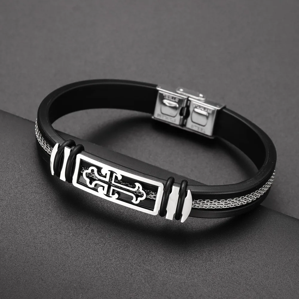 Men's Wristband Black Grooved Rudder Silicone Mesh Link Inserted Into Punk Men's Wristband Fashion Casual Cross Bracelet