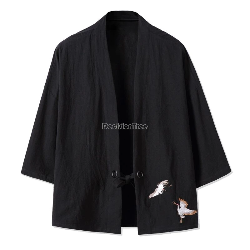 

2024 chinese simple style men tang suit cardigan summer new thin loose japanese kimono crane embroidery cotton linen taoist robe