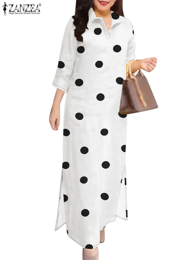 2025 ZANZEA Eleagnt Polka Dot Dress Donna Estate Vestito Estivo Moda Risvolto Collo Manica 3/4 Baggy Lavoro Abiti Robe Femme Plus Size