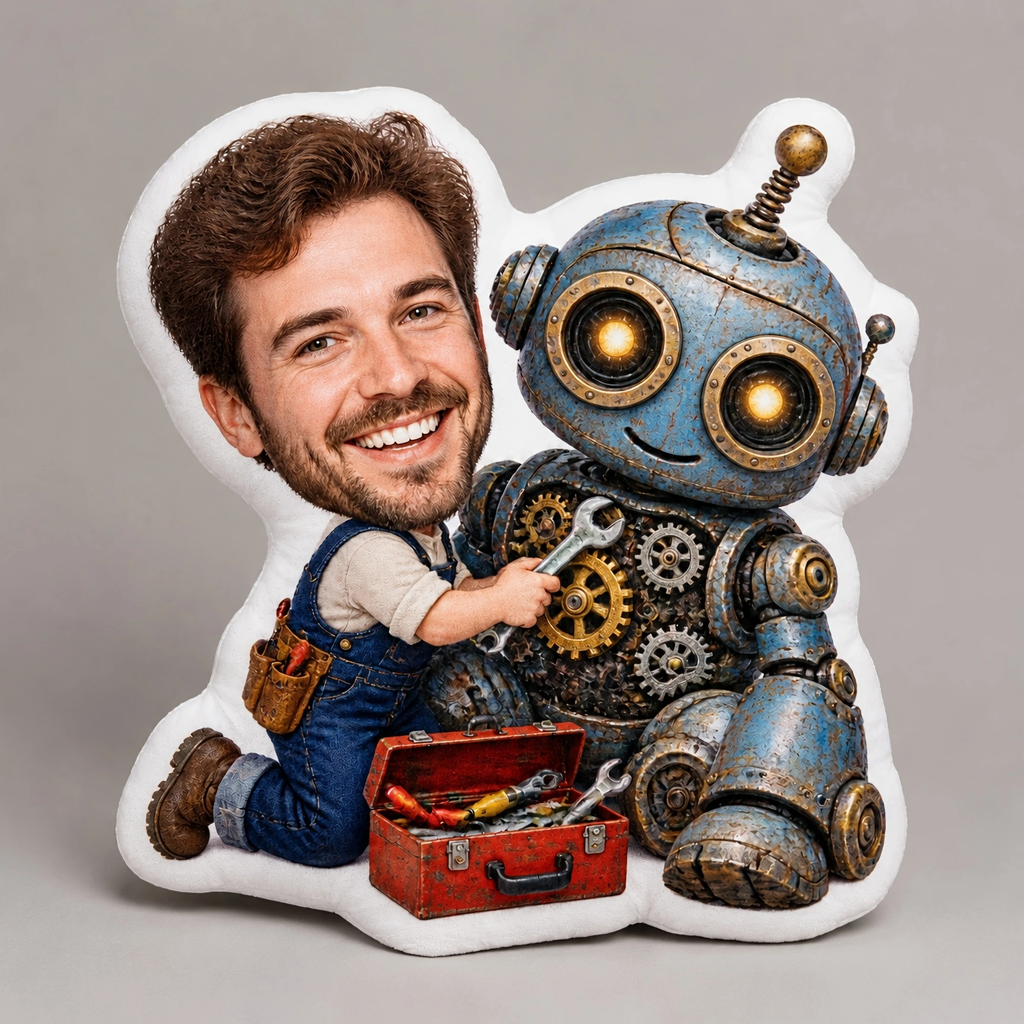 1pc 2D Flat Custom Double Sided Printed Creative Funny Shaped Pillow with Personalized Face and Robot Design for Playful Home De