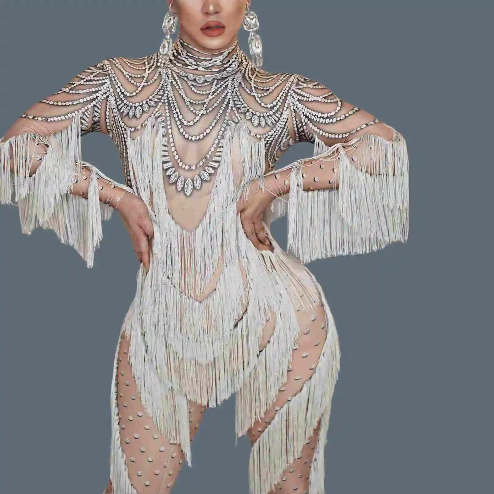 

Classic Sexy Spandex Skinny Tassel Jumpsuit for Women Nightclub Party Elastic Bodysuit Masquerade Event Showgirl Costume Huichen