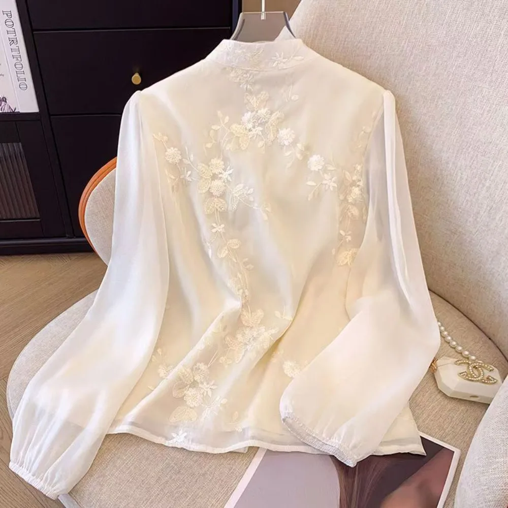 Spring Summer Chinese Style Vintage Embroidery Lace Elegant Fashion Shirt Lady Long Sleeve Stand Collar Tassel Beige Blouse Top