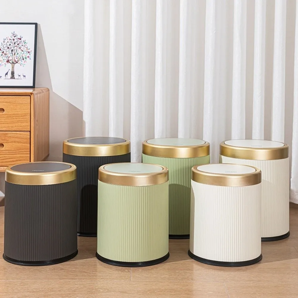 Premium Press Type Kitchen Trash Can with Lid Gold Rim 12L Garbage Bin Odor-Sealing Ridged Body Living Room Dustbin Home Office