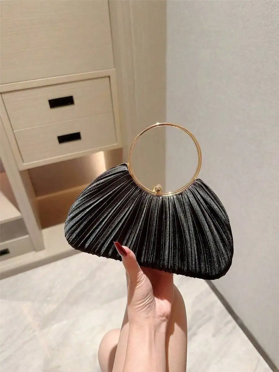 

Black Pleated Evening Clutch with Gold Ring Handle - Formal Party Handbag
