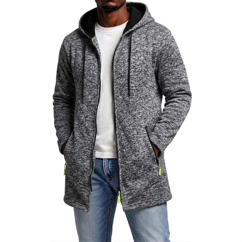 Neuer Herren-Hoodie mit Reißverschluss, lässiger mittellanger Sweatshirt-Fleece-Mantel, warmer Winter-Kapuzenmantel mit Reißverschlusstaschen. – Detail 9