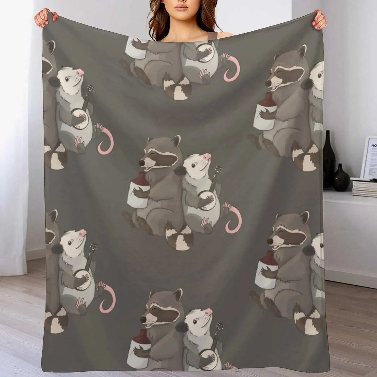 

Opossum and a Racoon playing instruments Throw Blanket Decorative Soft Throw Blanket for Couch Sofa