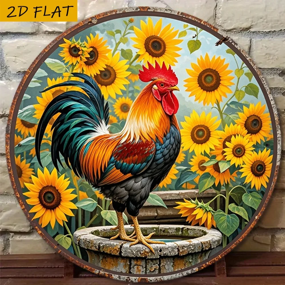 2D Metal Sign, Vintage Farmhouse Chicken Sunflower Metal Wall Decor, Lightweight Aluminum Rustic Rooster Art for Kitchen Living