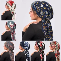 2024 New Women Pre-Tied Turban Cap Muslim Hijab Cancer Chemo Flower Print Hat Cover Hair Loss Head Scarf Wrap Strech Bandana