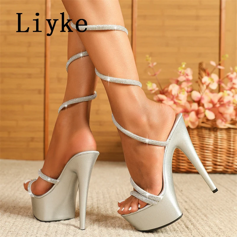 Liyke 2024 Summer Fashion Rhinestone Ankle Snake Twine Around Women Super High Heels Platform Sandal Open Toe Wedding Party Shoe