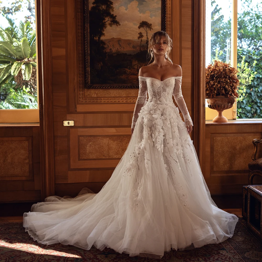 Vestido de novia de lujo con flores brillantes en 3D, vestidos de novia de playa con espalda descubierta y cuentas de manga larga para mujer, apliques de encaje, corte en A personalizado