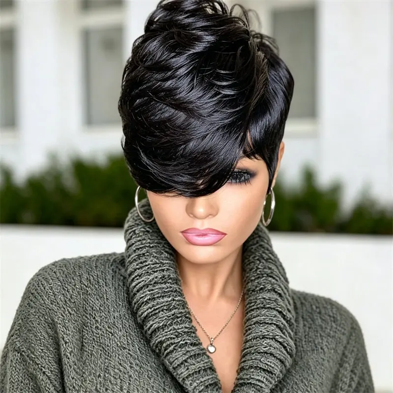 

Short Wig for Black Women Human Hair Wig Full Machine Made Pixie Cut Wig With Bangs Breathable Fashion Style Daily Party Wear