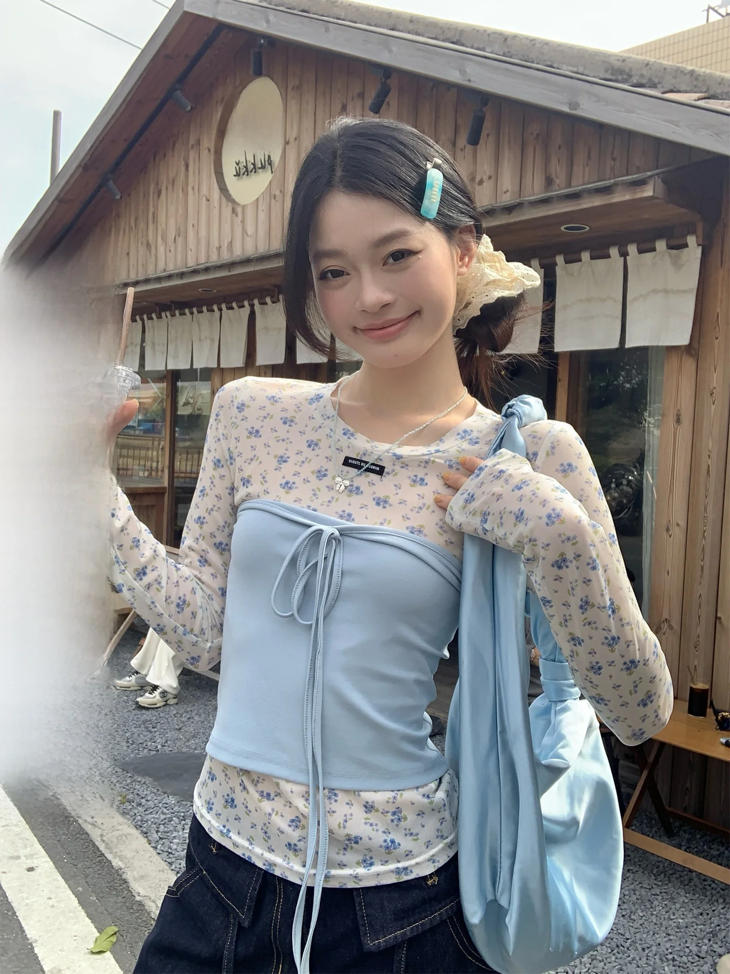 Blue Floral Print Long Sve Slim Fit oulder T-irt Women's Korean Sle Commute Design Spring Season Casual Top