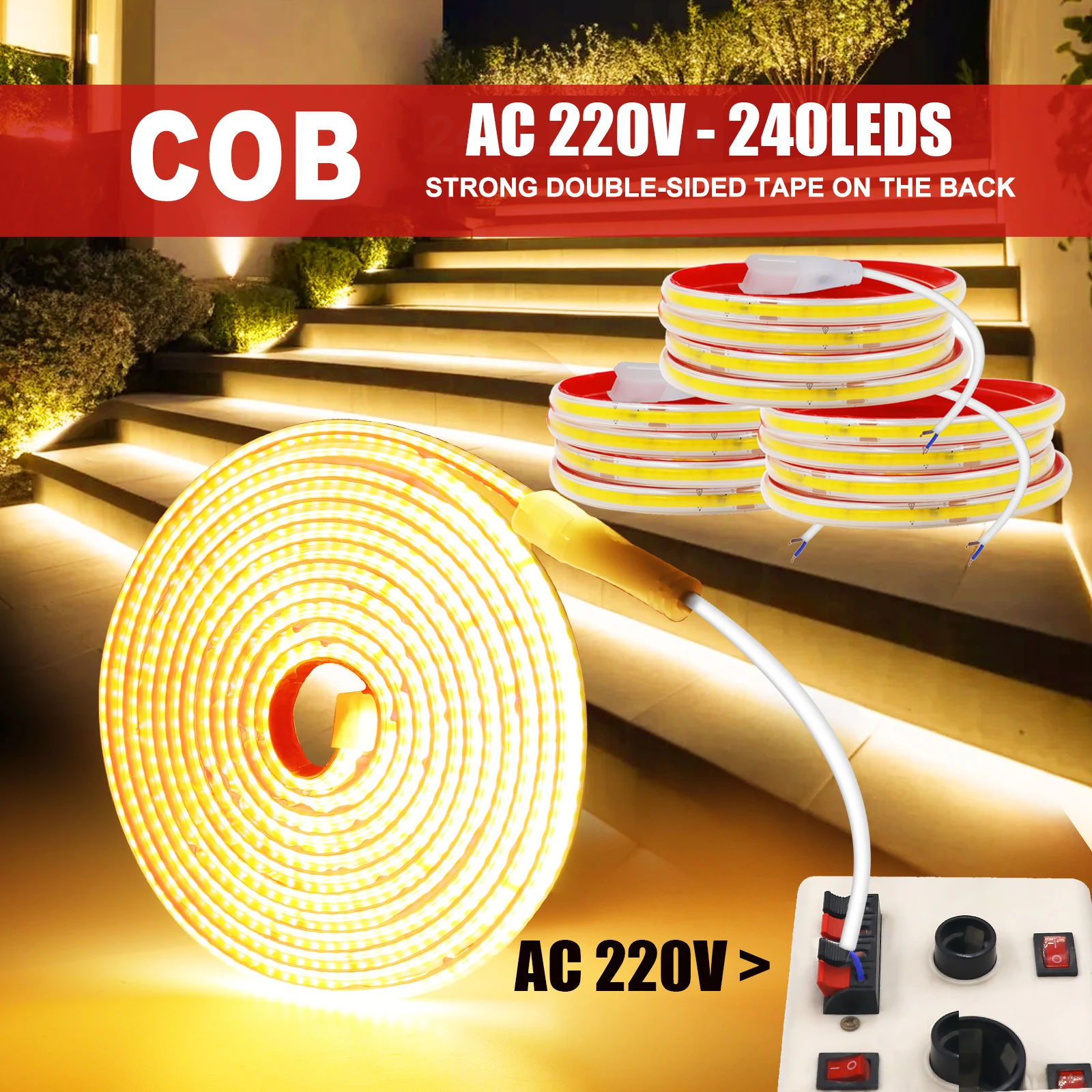 شريط COB مع كابل 2PIN توصيل التيار المتناوب 220 فولت مباشرة 240 المصابيح/م مقاوم للماء ديكور المنزل شريط مرن حبل ضوء 3000K 4000K 6000K