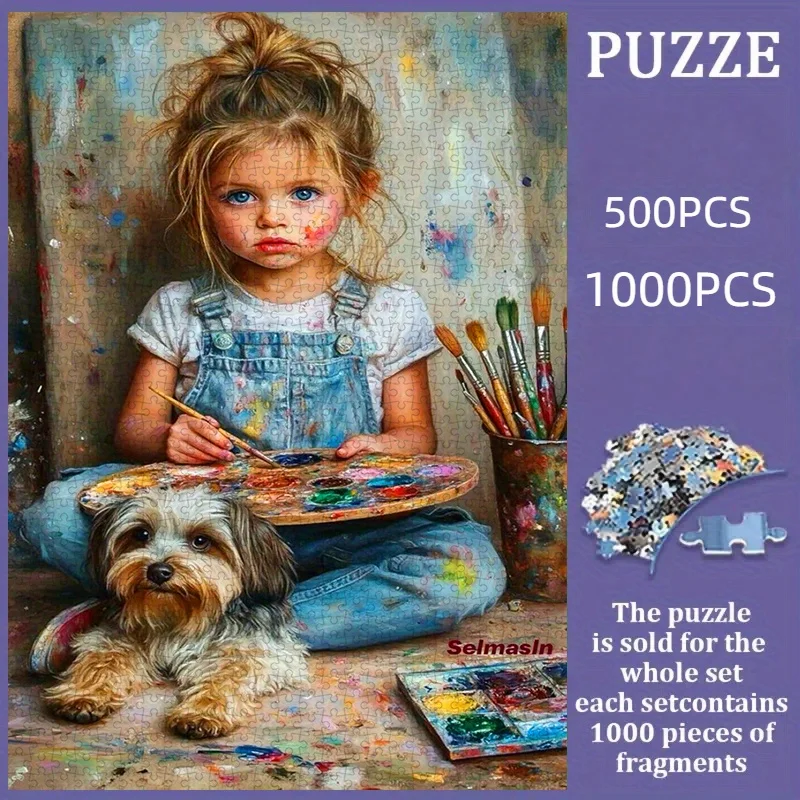 Rompecabezas de 500/1000 Uds., rompecabezas de papel DIY, escena de pintura para niñas y perros (dibujo, mascota), rompecabezas para adultos, adecuado para padres