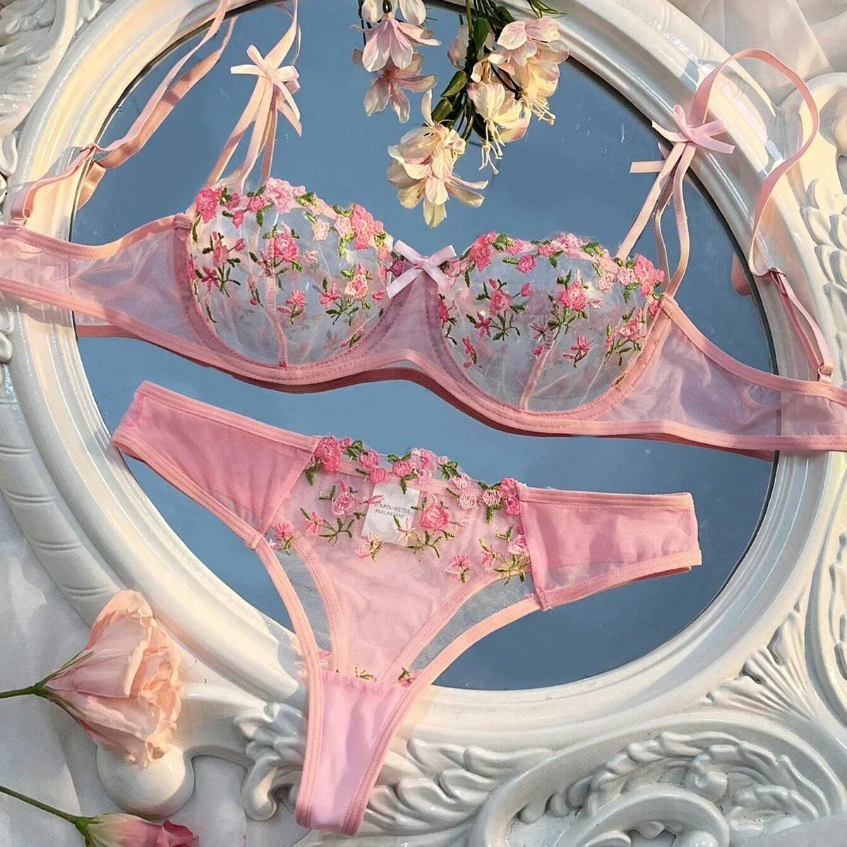 

New Pink Transparent Bra Women Sheer Temptation Exotic Sexy Lingerie Set Ladies Embroidery Floral Bras Erotic Underwear Sets