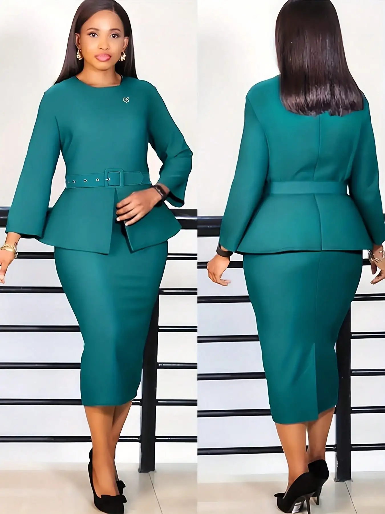 

Женский комплект: блузка-пеплум и юбка-карандаш с поясом, для офиса и вечеринок, весна-осень-зима