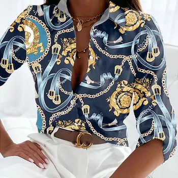 新しい女性のカジュアル長袖シャツシングルブレスト V ネックルーズラペルトップス 3d チェーンプリントファッショナブルな多用途ベーシックシャツ