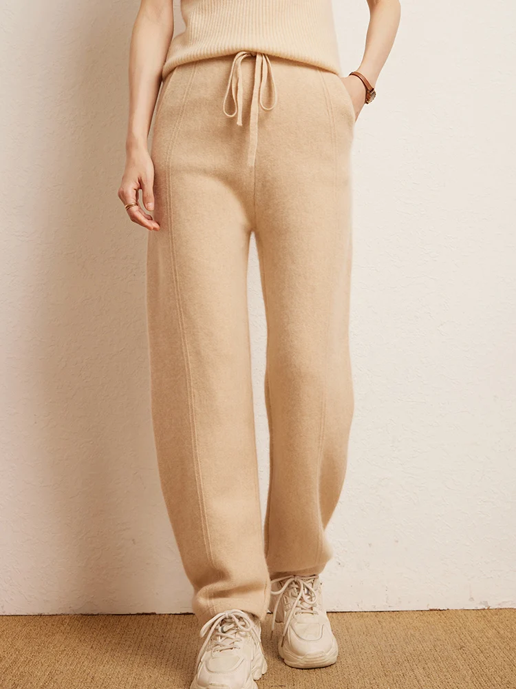 

New High Quality Chic Women's 100% Cashmere Pants Casual Banana Pants Autumn Winter Thick Soft Warm Cashmere Knitted Trousers
