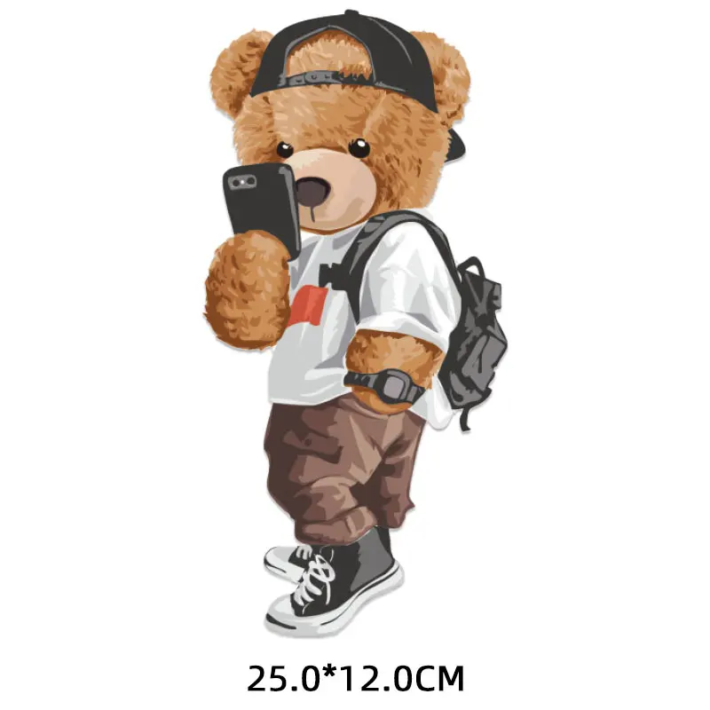 Hip Hop Rock Bear Patch Iron on Transfers for Clothing Thermoadhesive Patches on Clothes Teddy Bear Thermal Stickers on T Shirts