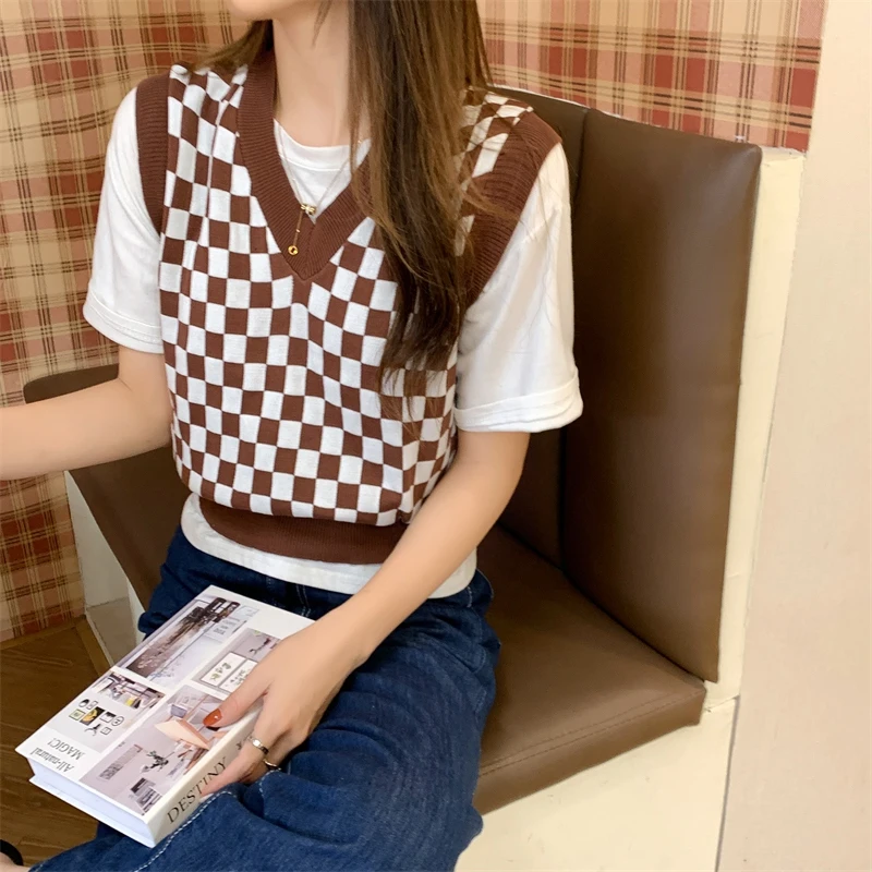 Dziergany sweter z dekoltem w szpic styl Preppy dzianina podkoszulek jesienna wiosenna kamizelka damska z dzianiny
