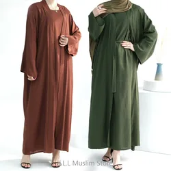 Abaya de linho para mulheres, Kaftan simples, Dubai Turquia, quimono islâmico, vestuário de oração, roupas Eid Ramadan, muçulmano feminino, bege